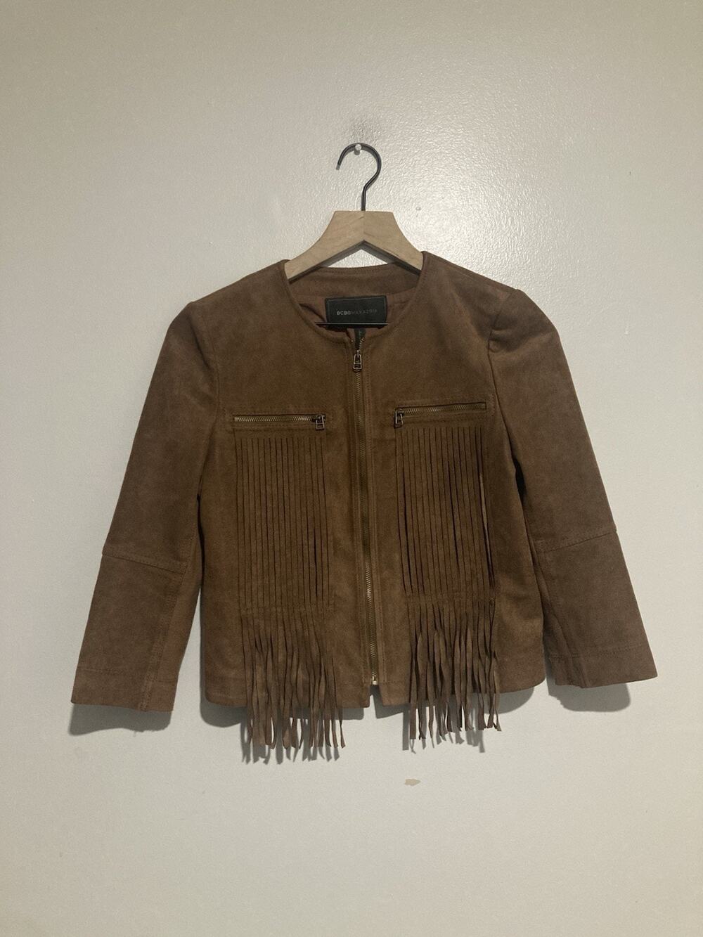 BCBG Maxazria Cowgirl Chic Western Suede Fringe Cropped Jacket Size XS